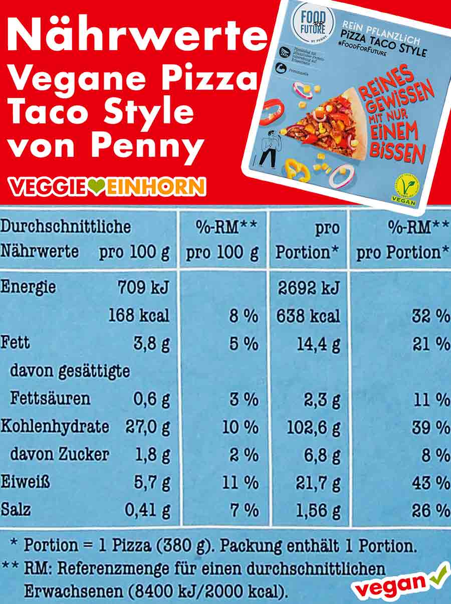 Kalorien der veganen Tiefkühlpizza von Penny (Taco Style) Nährwerte der veganen Pizza Taco Style von Penny