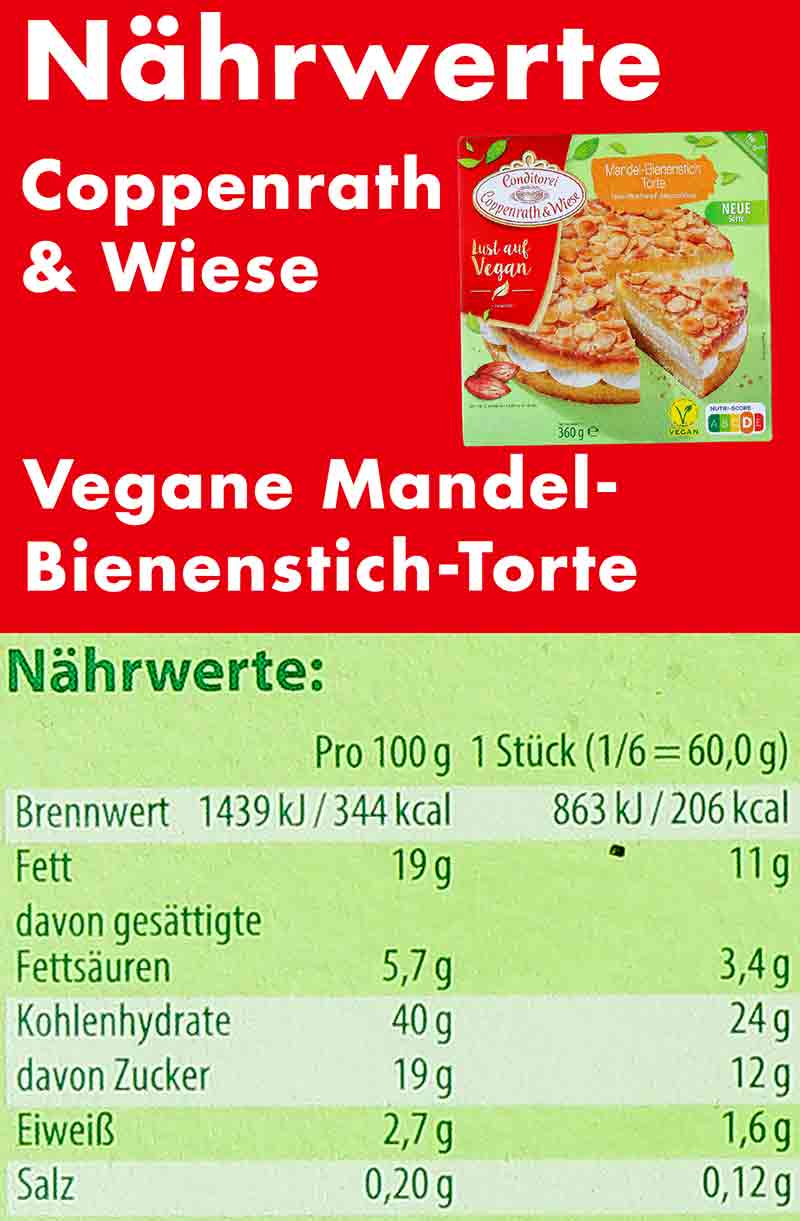 Nährwertetabelle Coppenrath & Wiese Vegane Mandel-Bienenstich Torte Nährwerte der veganen Mandel-Bienenstich Torte von Coppenrath und Wiese