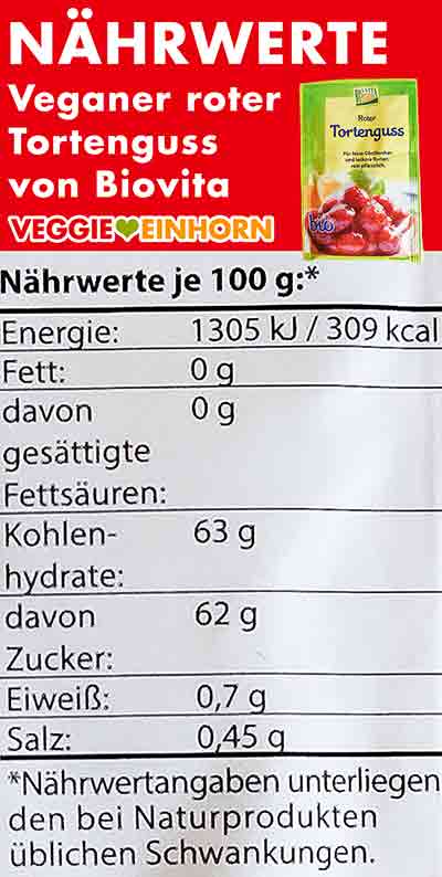 Kalorien und Nährwerte von veganem roten Tortenguss mit Agar-Agar von Biovita Nährwerte des veganen roten Tortenguss von Biovita