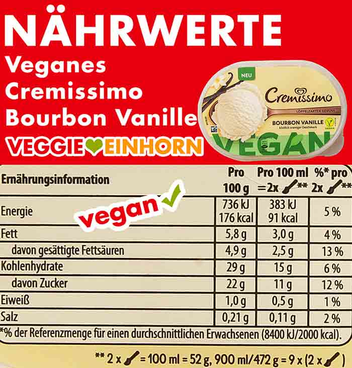 Nährwertetabelle Cremissimo Bourboun Vanille vegan Nährwerte der veganen Eiscreme Cremissimo Bourbon Vanille