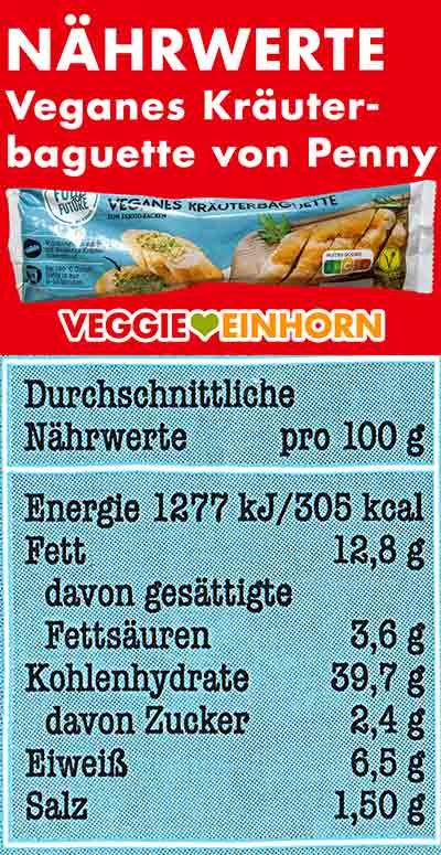 Nährwertetabelle des veganen Kräuterbaguettes von Penny Food for Future Nährwerte des veganen Kräuterbaguettes von Penny