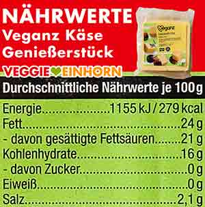 Kalorien und Nährwerte des veganen Käseblockes von Veganz Nährwerte des Veganz Genießerstückes