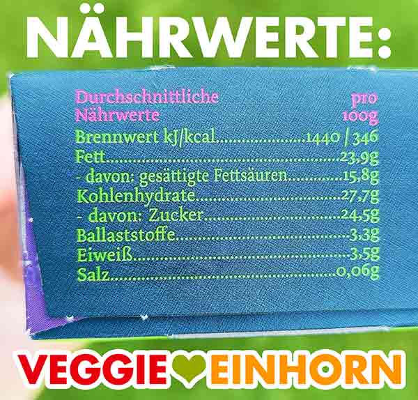 Durchschnittliche Nährwerte des veganen Big Choc Mandel Eis von vehappy. Nährwerte Tabelle auf der Packung vehappy Big Choc Mandel