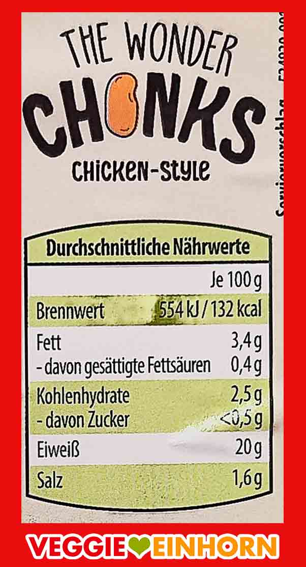 Durchschnittliche Nährwerte der Chicken Chunks von Aldi Mein Veggie Tag. Nährwerte von The Wonder Chunks Chicken Style von Aldi