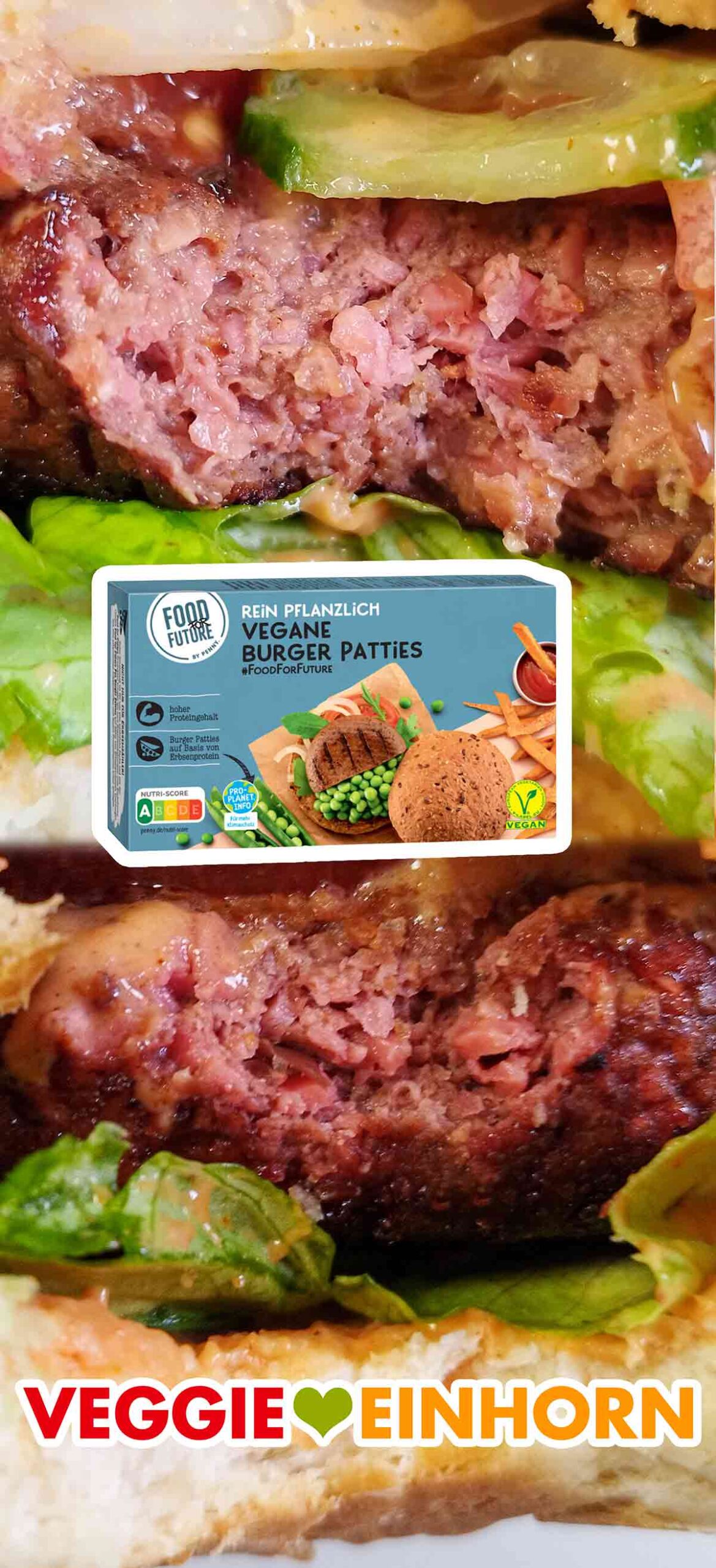 Der vegane Burger aus Erbsenprotein von Penny schmeckt sehr gut. Nahaufnahme des angebissenen veganen Burger patties von Penny