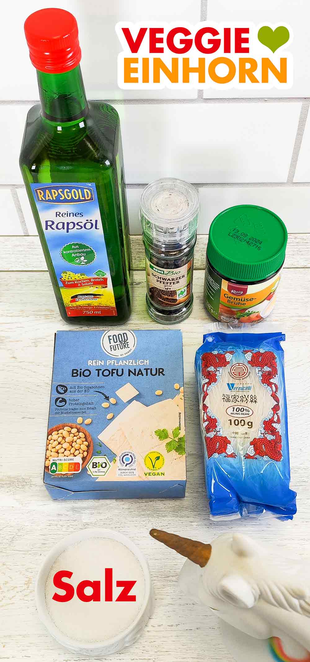 Rapsgold, Rewe Bio Schwarzer Pfeffer, Kania Gemüsebrühe von Lidl, Bio Tofu Natur von Food for Future by Penny, Diamond Brand Vermicelli Glasnudeln, Salz Öl, Pfeffer, Gemüsebrühe Pulver, Penny Naturtofu, Vermicelli Glasnudeln, Salz