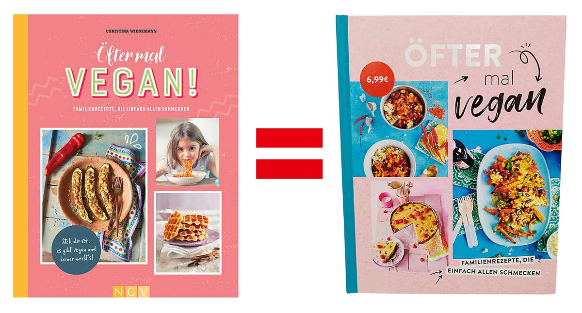 Diese Bücher haben den gleichen Inhalt. Zwei verschiedene Cover des Kochbuches Öfter mal vegan
