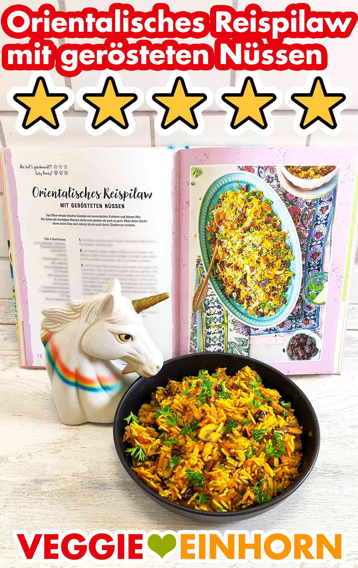 Das Pilaw ist mit Basmatireis, Möhren, Pilzen, Rosinen und gerösteten Nüssen. Orientalisches Reispilaw mit gerösteten Nüssen aus dem Buch Öfter Mal Vegan