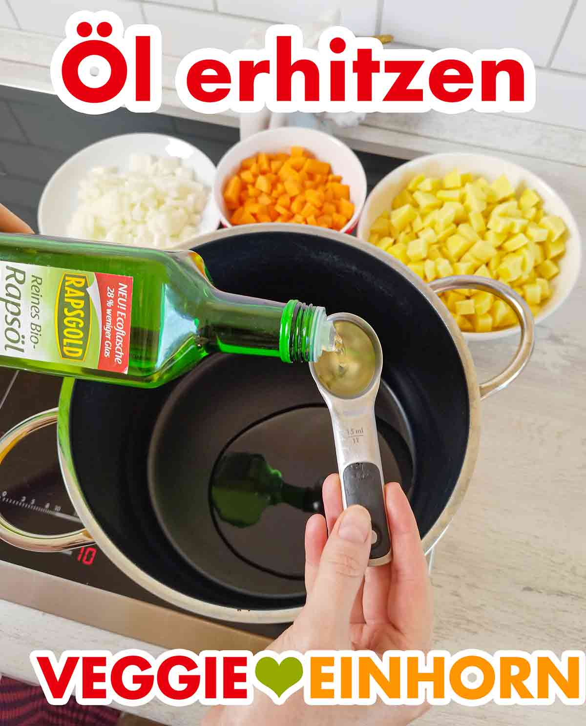 Öl erhitzen im Topf Öl wird in einen Kochtopf gegeben und erhitzt,