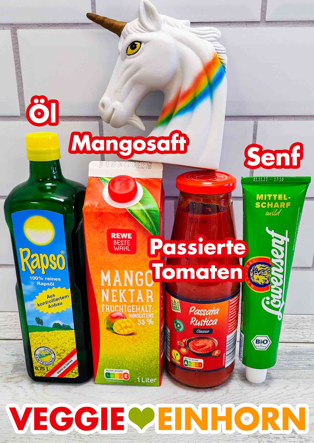 Rapso Rapsöl, Rewe Beste Wahl Mango Nektar, Lidl Passata Rustica, eine Tube Löwensenf Öl, Mangonektar, Tomatenpassata, Senf