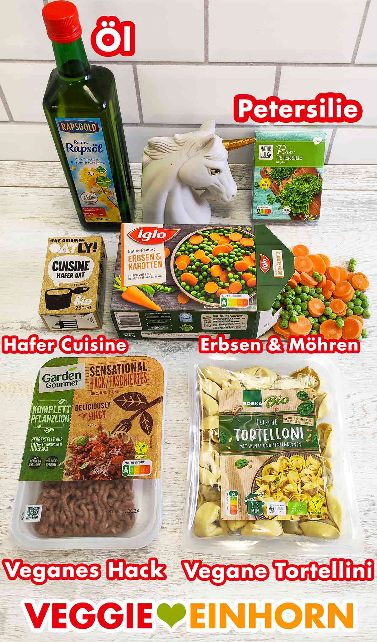 Rapsgold Rapsöl, Penny Naturgut Petersilie, Oatly Hafer Cuisine, Iglo Erbsen und Karotten, Garden Gourmet Sensational Hack Faschiertes, Edeka Bio Vegane Tortelloni mit Spinat und Pinienkernen Öl, TK Petersilie, vegane Sahne zum Kochen, TK Erbsen und Möhren, veganes Hackfleisch, vegane Tortellini