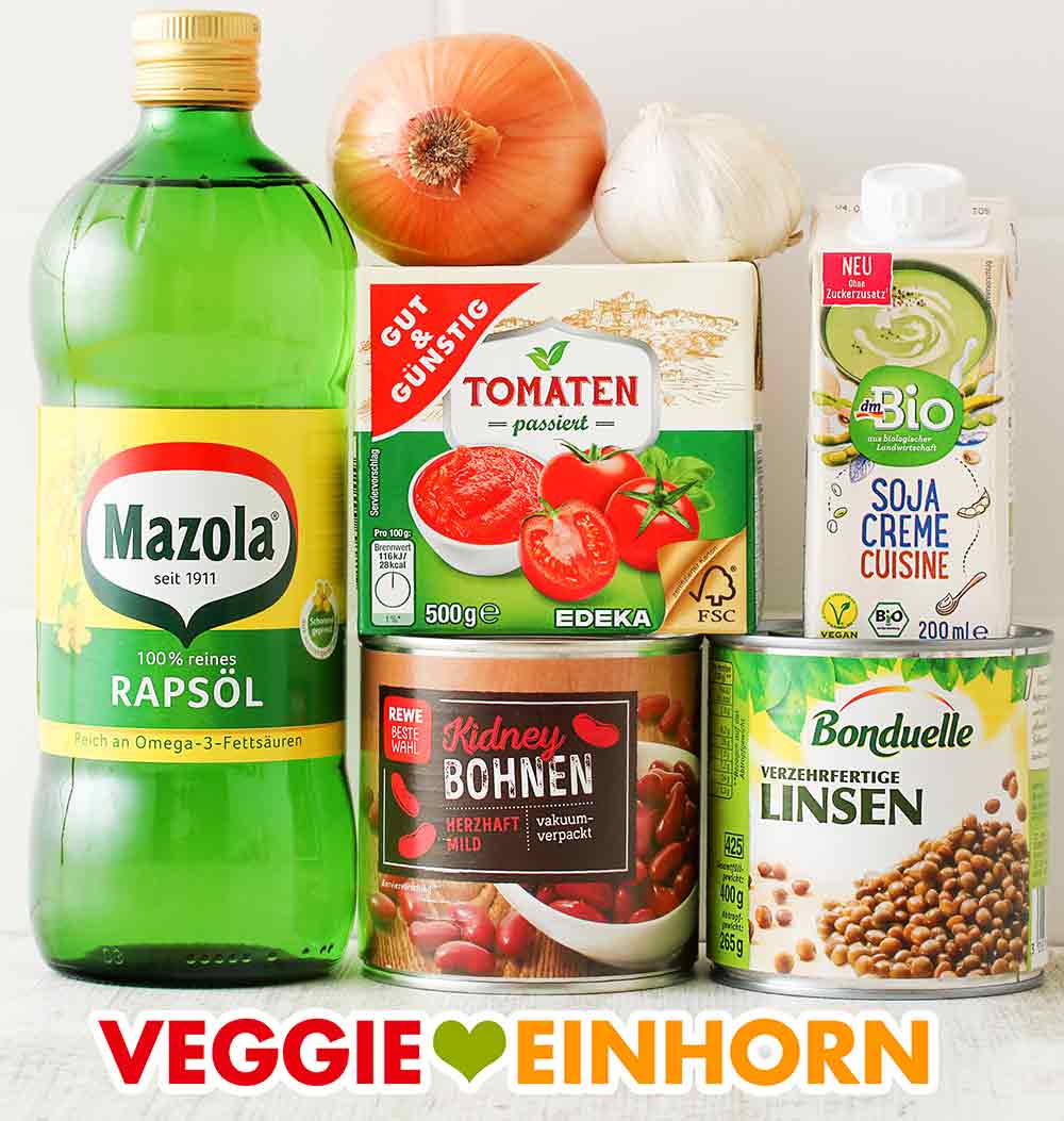 Mazola Rapsöl, Zwiebel, Knoblauch, Gut und Günstig Passierte Tomaten, dm Bio Soja Creme Cuisine, Bohnen, Linsen Öl, Zwiebel, Knoblauch, Tomatenpassata, Soja Cuisine, Kidneybohnen, Linsen