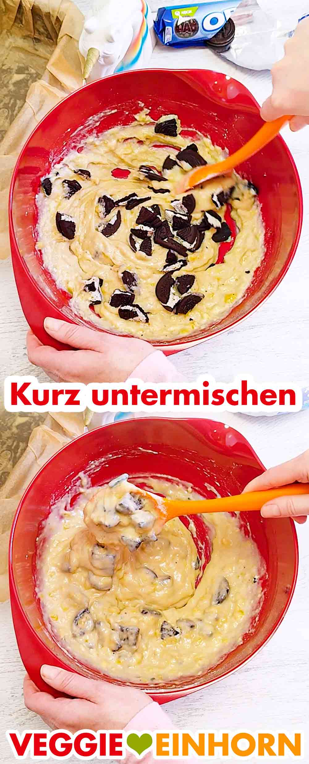 Kurz rühren. Die Oreo Stücke werden kurz unter den Teig gemischt.