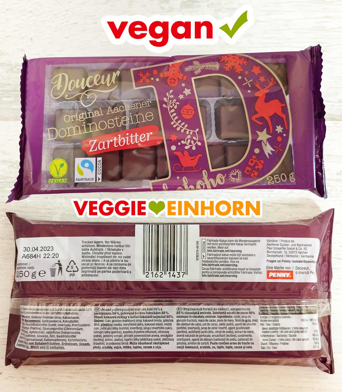 So sieht die Packung der Douceur Zartbitter Dominosteine von Penny aus. Vorderseite und Rückseite der Verpackung der veganen Dominosteine von Penny