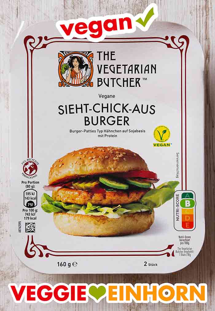 Verpackung der veganen Chicken Burger von The Vegetarian Butcher Packung Sieht-Chick-Aus Burger von The Vegetarian Butcher