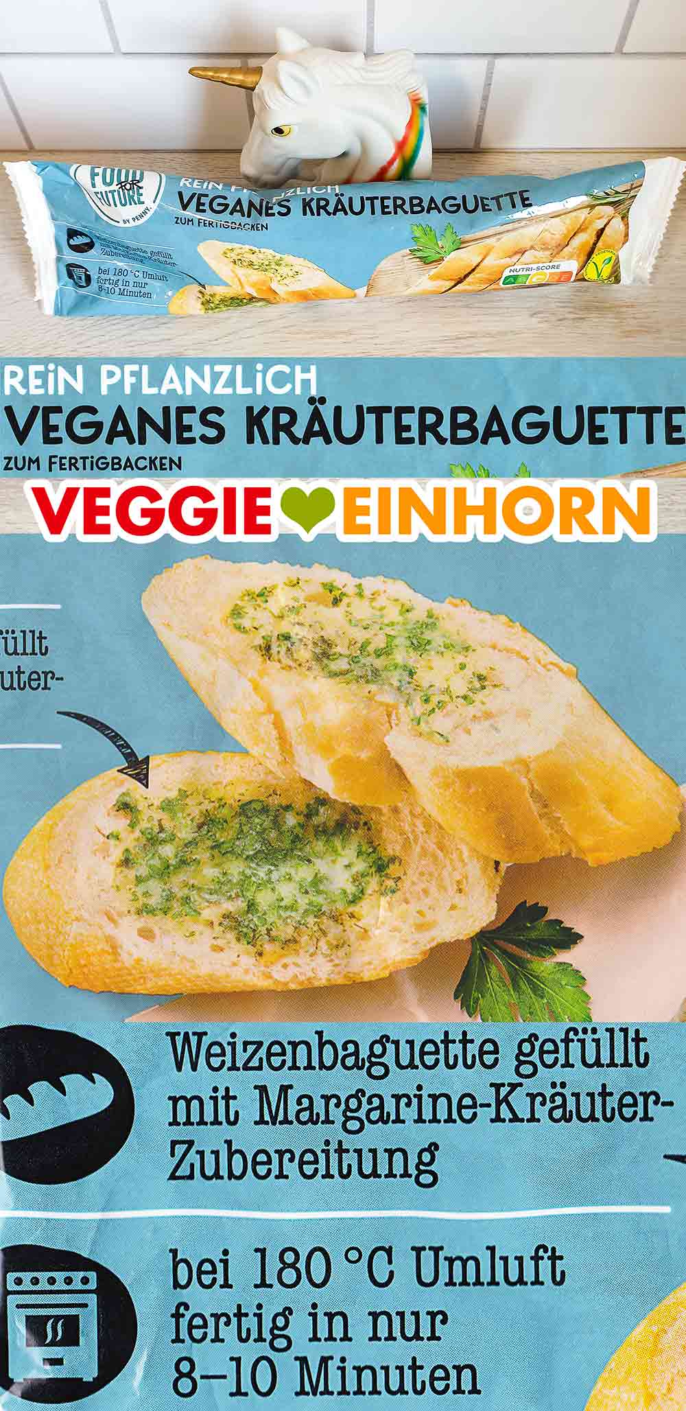 Veganes Kräuterbaguette zum Fertigbacken. Weizenbaguette gefüllt mit Margarine-Kräuter-Zubereitung Penny Food for Future Veganes Kräuterbaguette