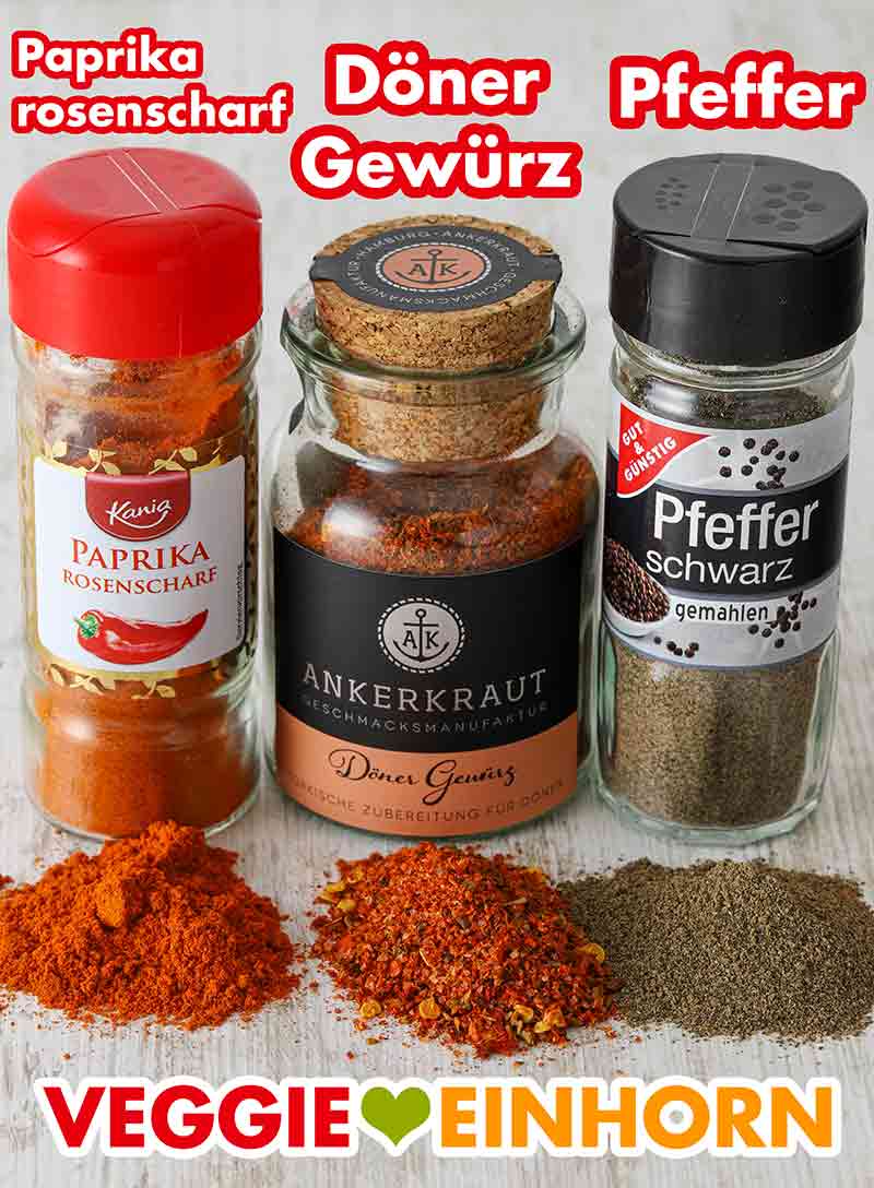 Rosenscharfes Paprika von Kania (Lidl), Döner Gewürz von Ankerkraut, gemahlener schwarzer Pfeffer von Gut & Günstig Paprika rosenscharf Pulver, Döner Gewürzmischung, Pfeffer