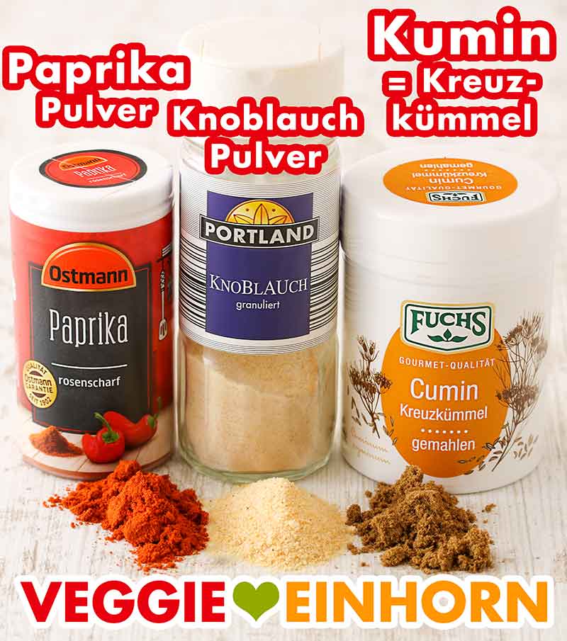 Ostmann Paprika rosenscharf, Portland Knoblauchpulver von Aldi, Kumin von Fuchs Paprikapulver, Knoblauchpulver, gemahlener Kreuzkümmel