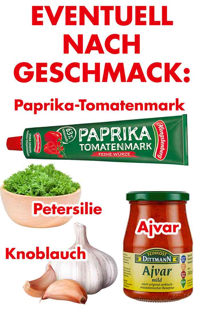 Weitere mögliche Zutaten für den Tomaten Bulgur Paprika-Tomatenmark, Ajvar, Petersilie, Knoblauch