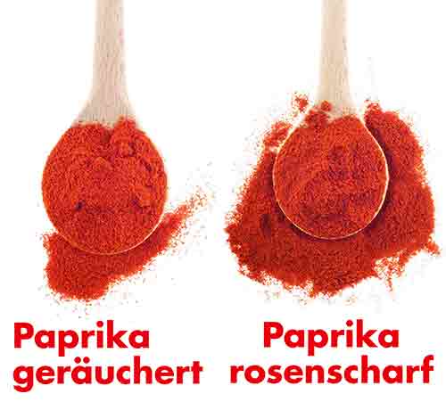 Paprika geräuchert und Paprika rosenscharf Pulver Geräuchertes Paprikapulver und rosenscharfes Paprika