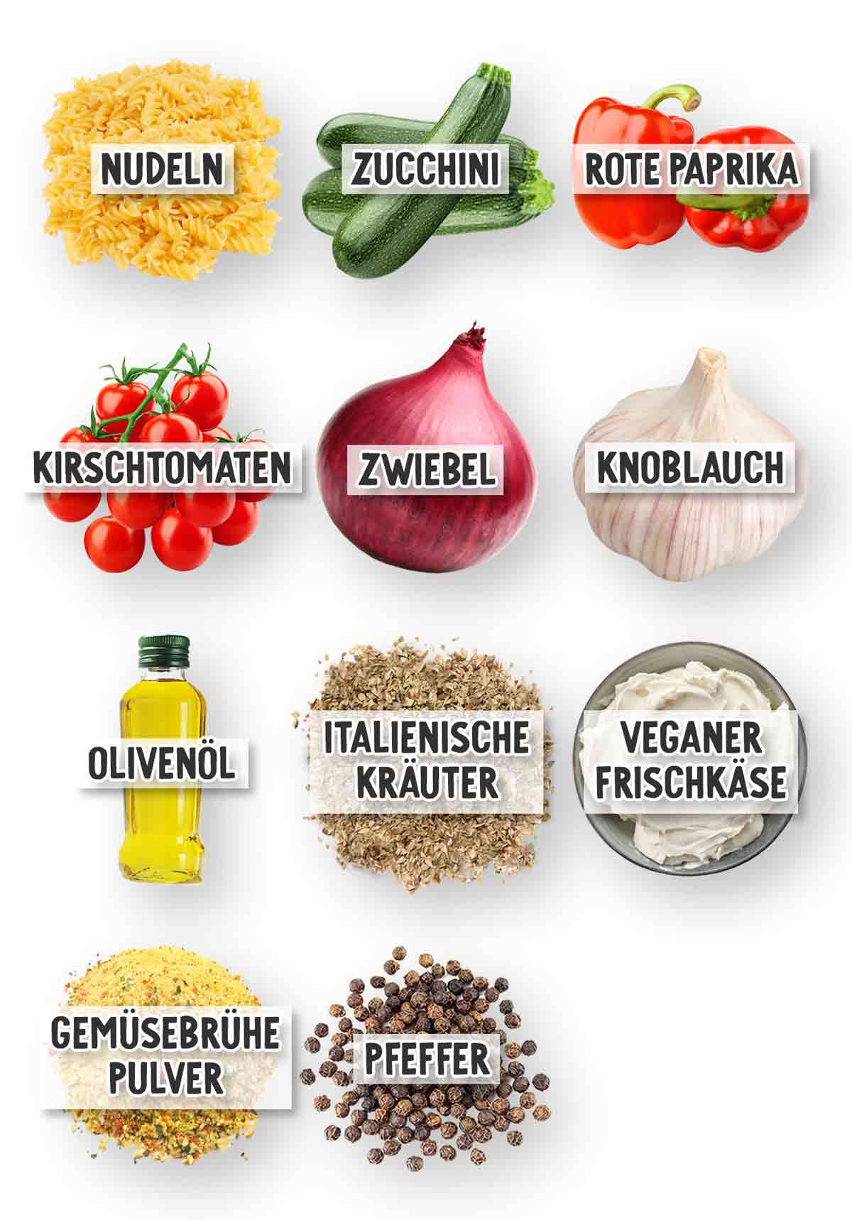 Zutaten einzeln abgebildet und beschriftet auf weißem Hintergrund: Nudeln, Zucchini, rote Paprika, Kirschtomaten, Zwiebel, Knoblauch, Olivenöl, italienische Kräuter, veganer Frischkäse, Gemüsebrühepulver und Pfeffer.