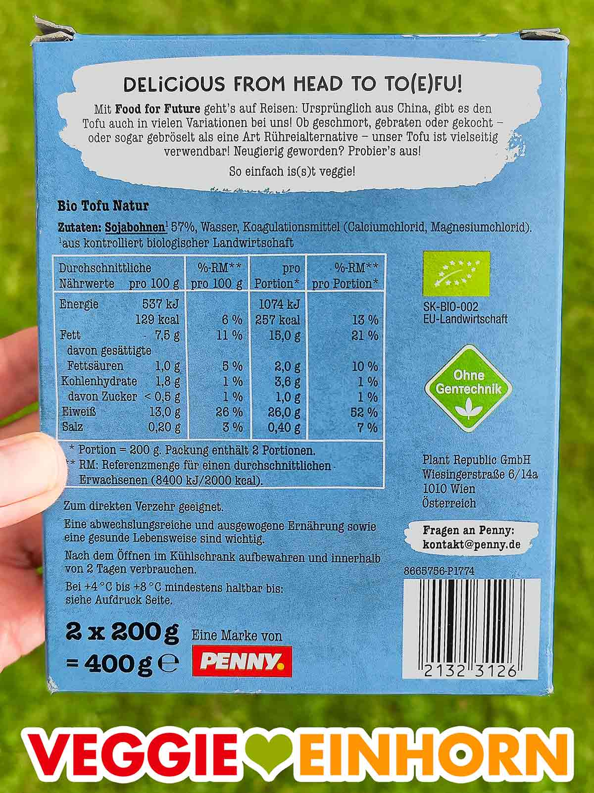 Verpackungsrückseite des Bio Naturtofus von Food for Future by Penny Rückseite der Packung des Bio Tofu Natur von Penny