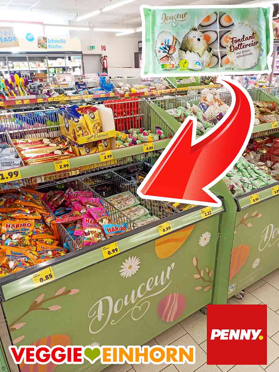 Die veganen Fondant Dottereier sind bei den Ostersüßigkeiten im Penny. Die Fondanteier im Penny