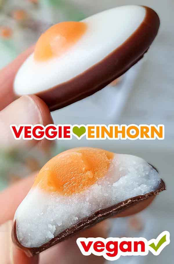 Das vegane Fondant Spiegelei ist zart schmelzend. Angebissenes veganes Fondantei