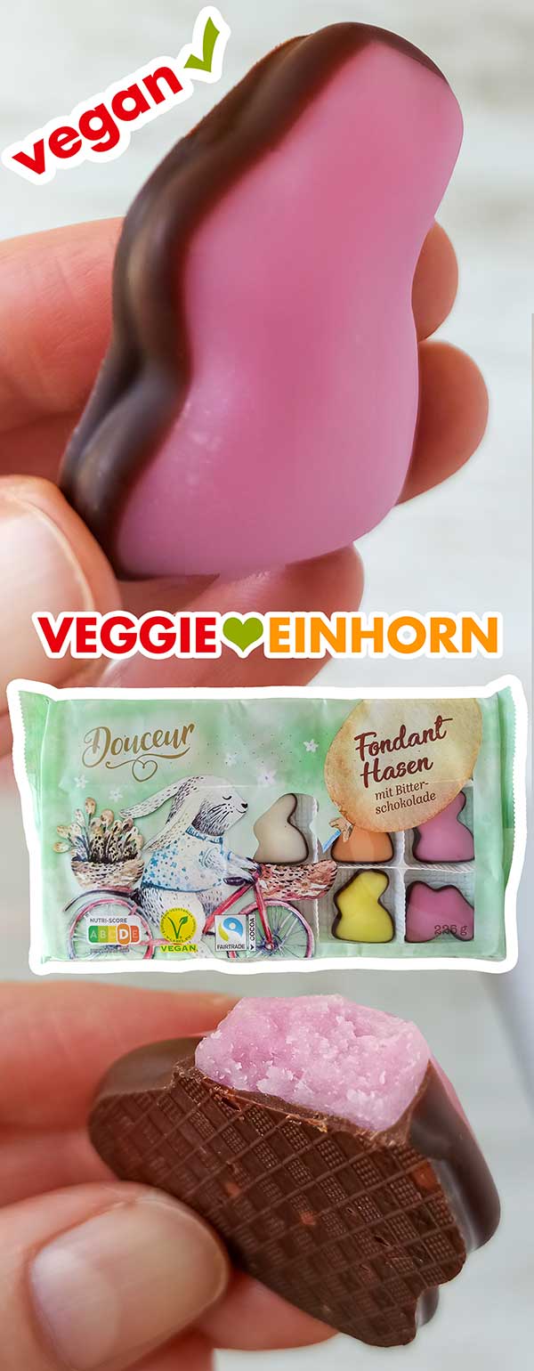 Die Fondant Hasen mit Bitterschokolade von Penny Douceur sind vegan. Ein rosa Fondant Hase von Penny