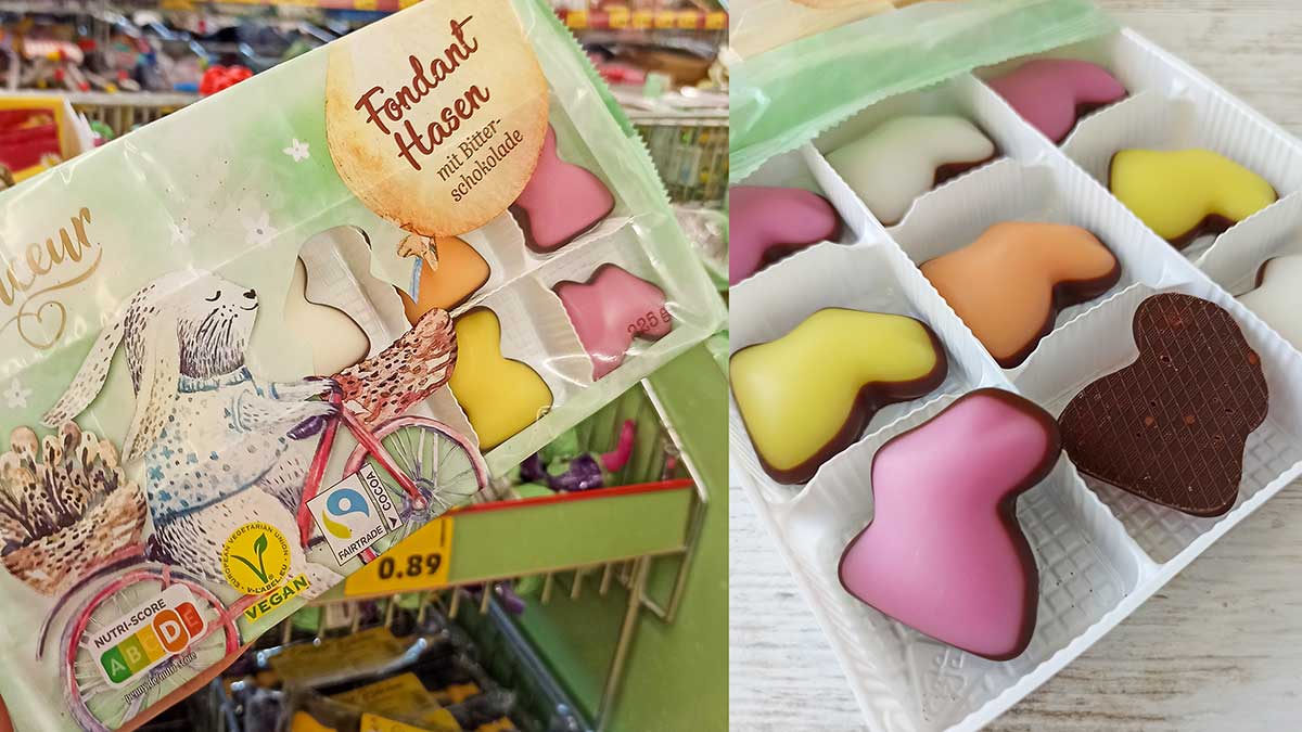 Die Douceur Fondant Hasen mit Bitterschokolade gibt es bei Penny. Vegane Fondanthasen von Penny Douceur