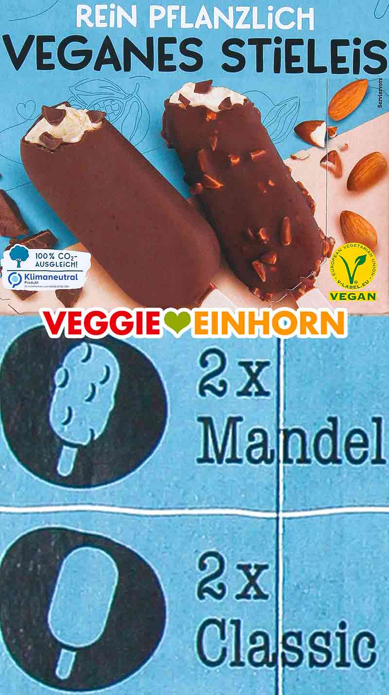 Die Packung enthält 2 x veganes Mandel Eis und 2 x veganes Classic Eis am Stiel Veganes Stieleis von Penny 2 x Mandel und 2 x Classic