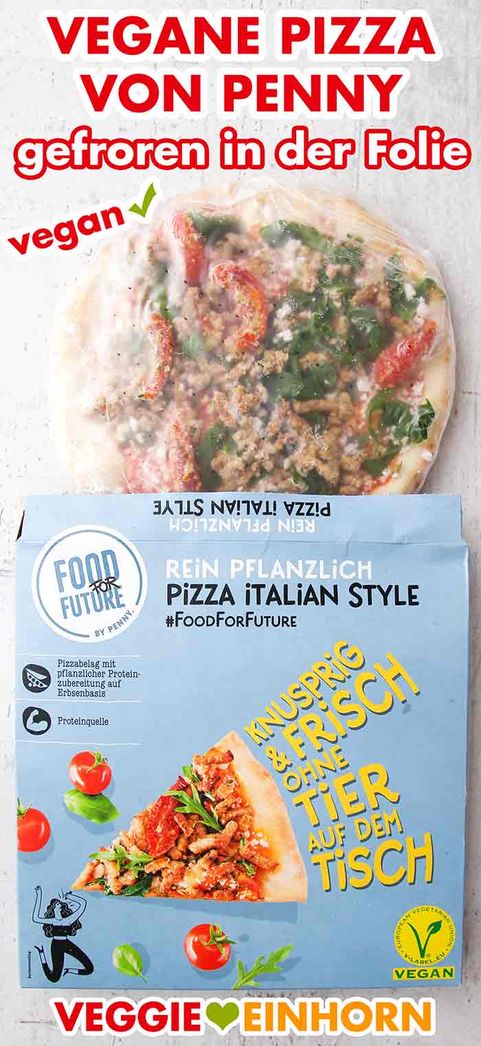 Die Pizza ist in Folie eingeschweißt. Die vegane Pizza von Penny tiefgefroren in der Plastikfolie