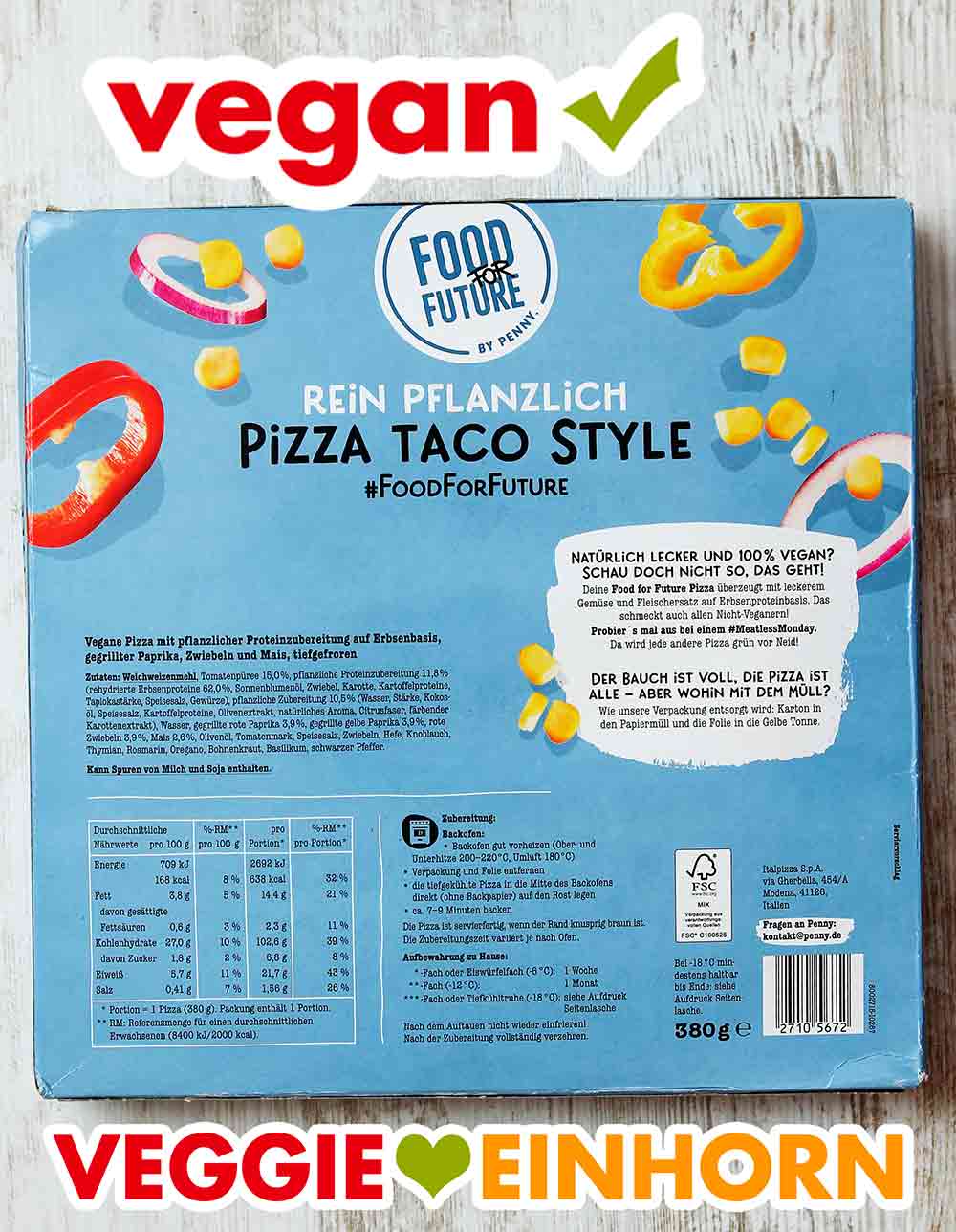 Die Packungsrückseite der veganen Pizza Taco Style von Penny Rückseite der Packung der veganen Fertigpizza Taco Style von Penny