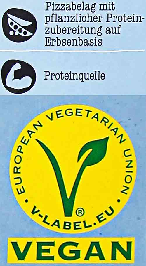 Die vegane Pizza von Penny ist mit V-Label. Vegan Logo auf der Pizza von Penny