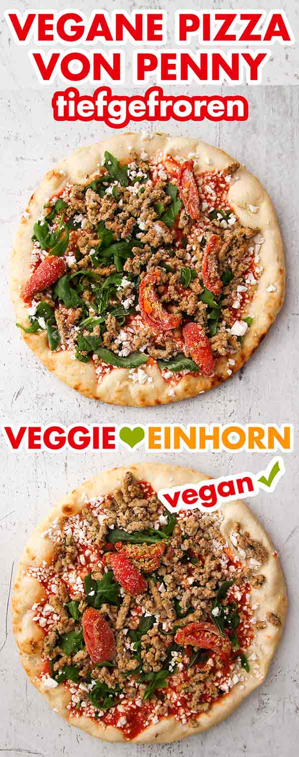 So sieht die Pizza tiefgefroren aus. Zwei tiefgefrorene vegane Pizzen von Penny
