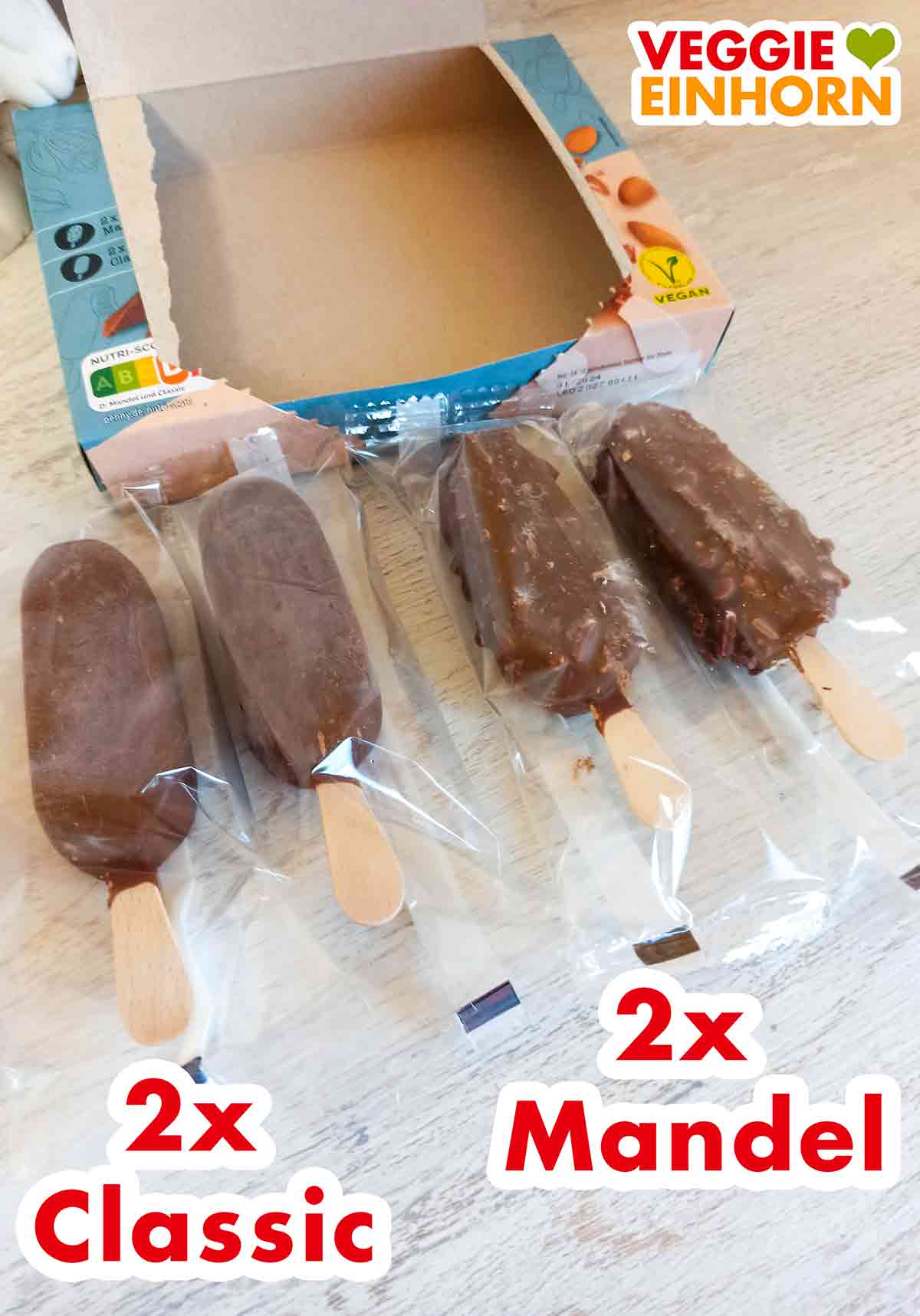 Zwei mal Sorte Classic und zwei mal Sorte Mandel Vier vegane Stieleis von Penny