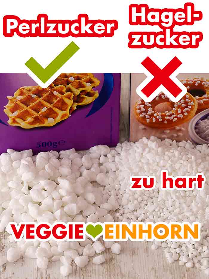 Hagelzucker eignet sich nicht gut für Lütticher Waffeln. Perlzucker ist ideal. Ein Häufchen Hagelzucker und ein Häufchen Perlzucker nebeinander