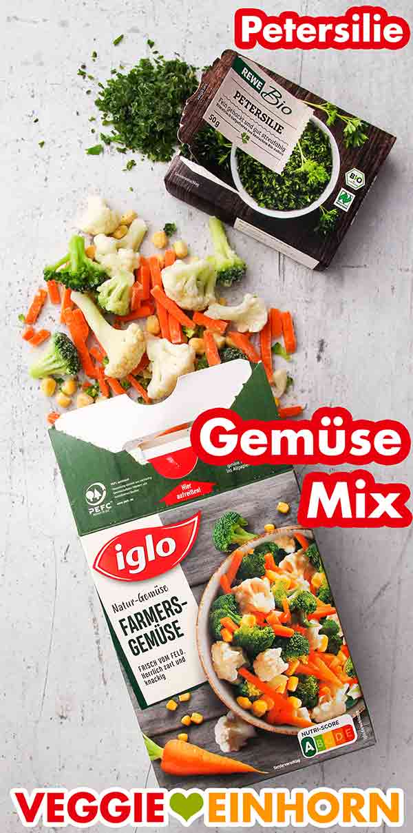 TK Petersilie von Rewe Bio und TK Gemüse von Iglo Farmers Gemüse Tiefgekühlte gehackte Petersilie und eine tiefgefrorene Gemüsemischung
