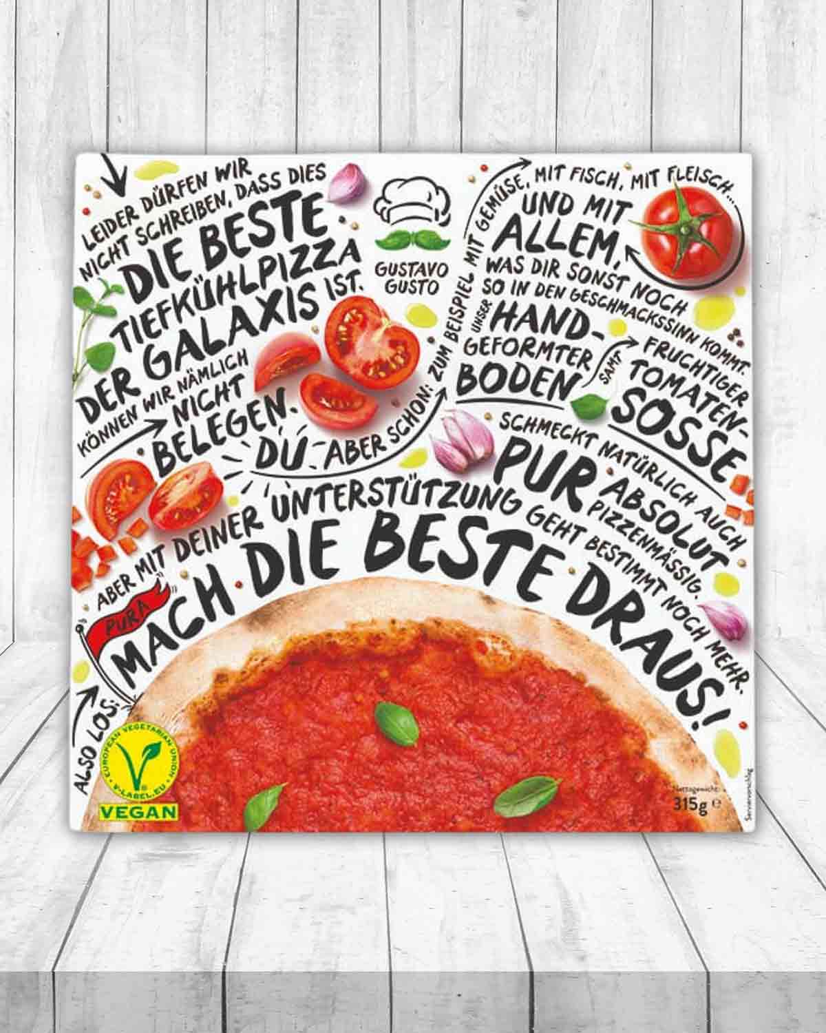 Die Pizza Pura von Gustavo Gusto hat ein Vegan Logo. Gustavo Gusto Pizza Pura