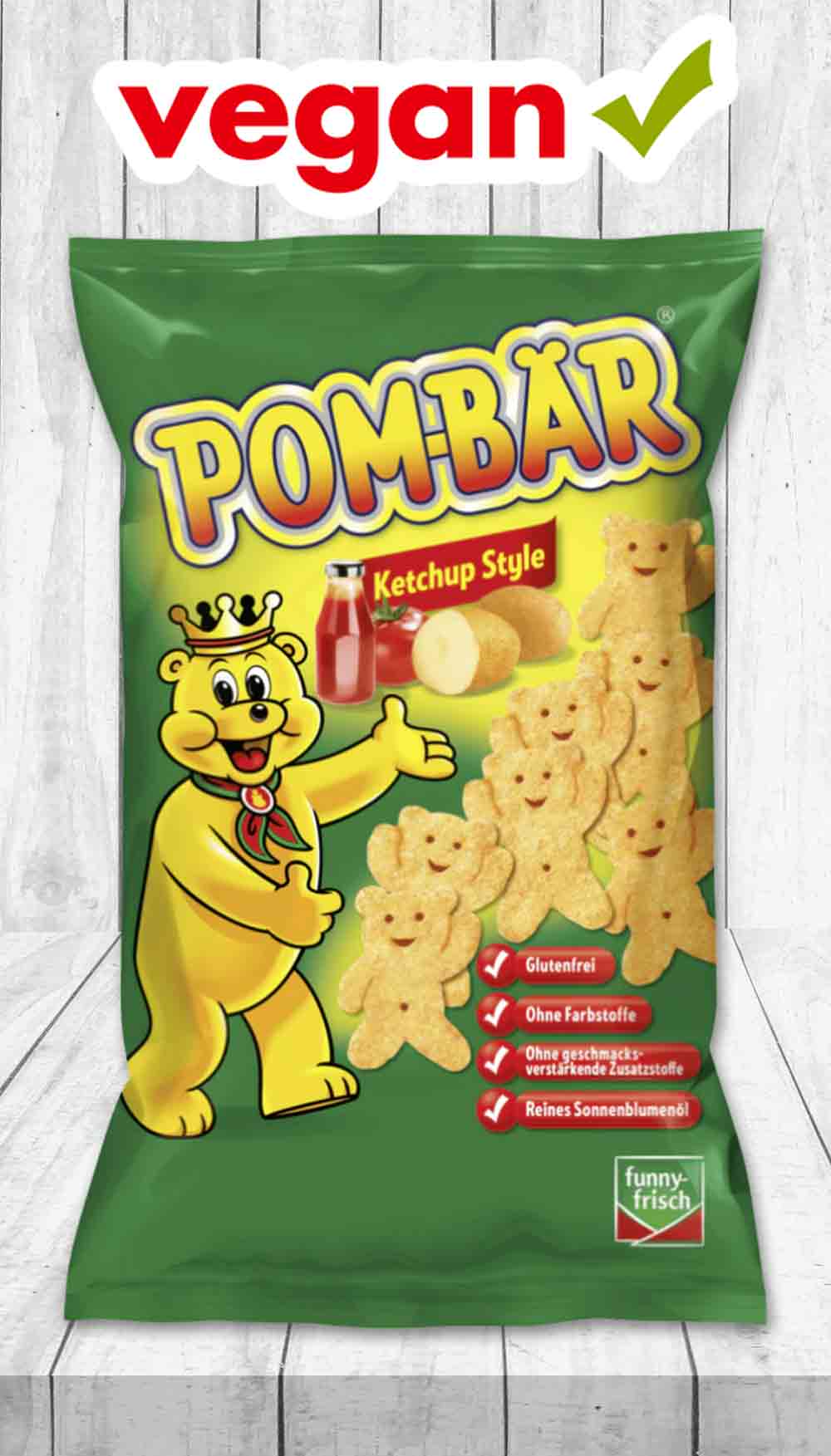 Die Zutaten von Pom Bär Ketchup sind vegan und glutenfrei. Eine Tüte Pombären Ketchup