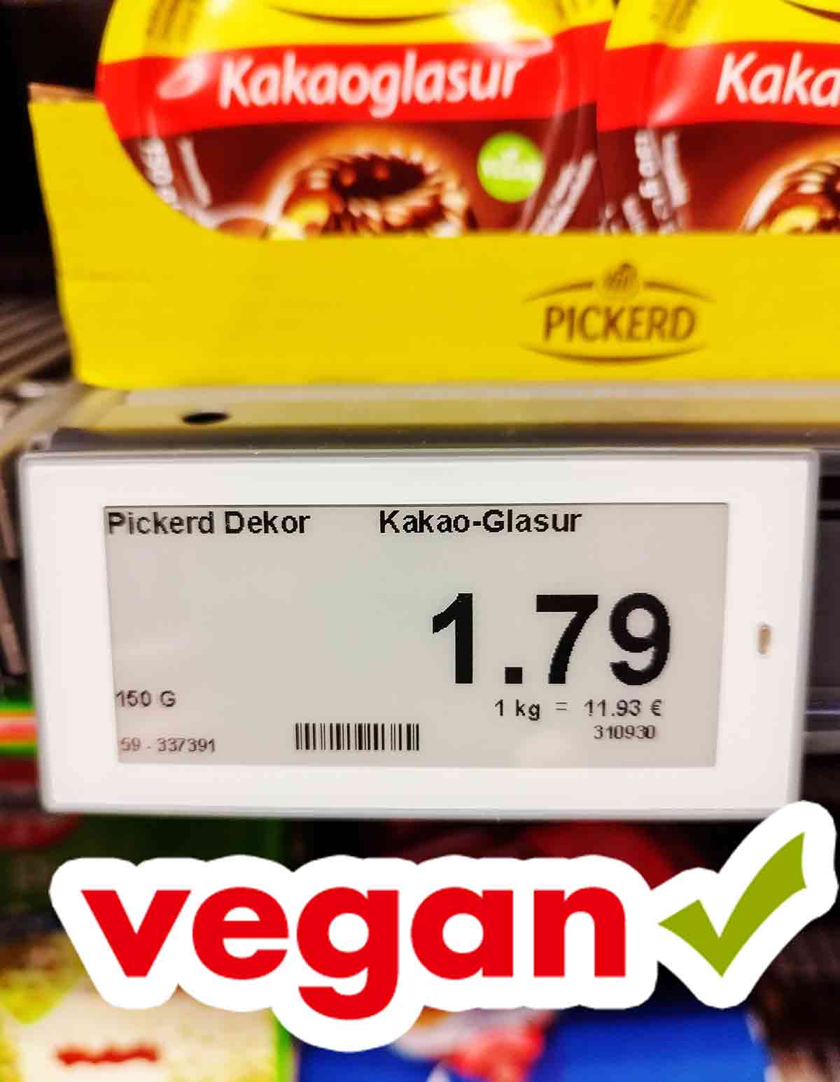 Pickerd Kakaoglasur Preis Preisschild für Pickerd Kakaoglasur