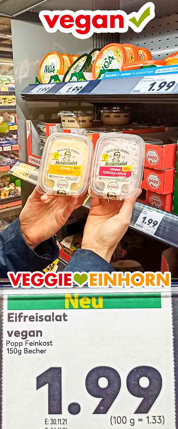 Der vegane Eiersalat von Popp Feinkost kostet 1,99 Euro. Preis des veganen Eiersalates von Popp Feinkost