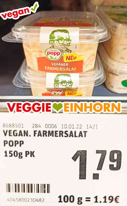Der vegane Farmersalat von Popp hat bei Rewe 1,79 Euro gekostet. Popp Veganer Farmersalat mit Preisschild