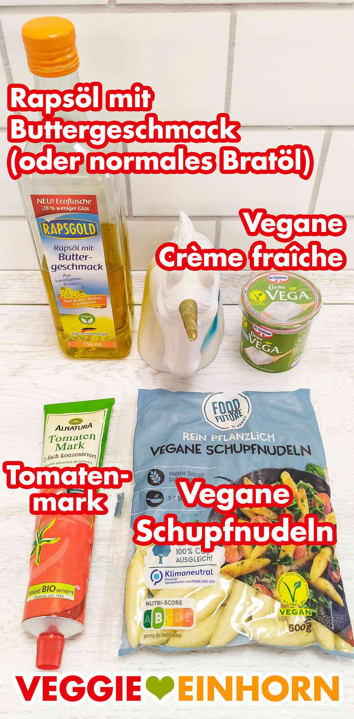 Rapsgold Rapsöl mit Buttergeschmack, Dr. Oetker Creme vega, Alnatura Tomatenmark, vegane Schupfnudeln von Penny Food for Future Rapsöl mit Buttergeschmack, vegane Crème fraîche, Tomatenmark, vegane Schupfnudeln