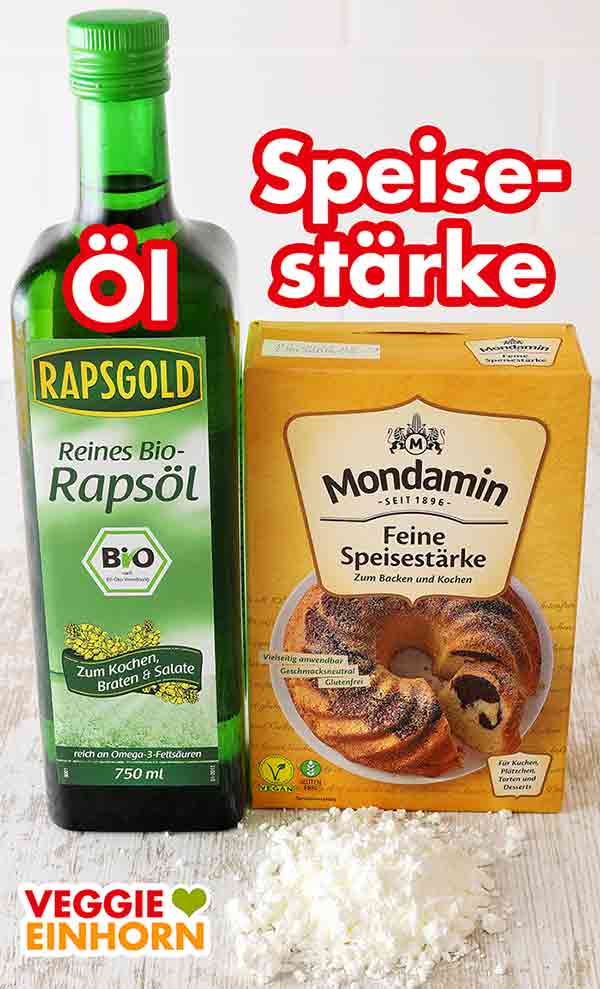 Bio-Rapsöl von Rapsgold und Mondamin Speisestärke Eine Flasche Bio Rapsöl und eine Packung Speisestärke