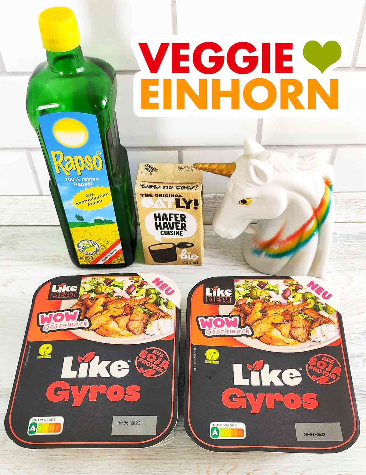 Rapso Rapsöl, Oatly Hafersahne, Like Gyros von Like Meat Öl, vegane Kochsahne, veganes Gyrosfleisch