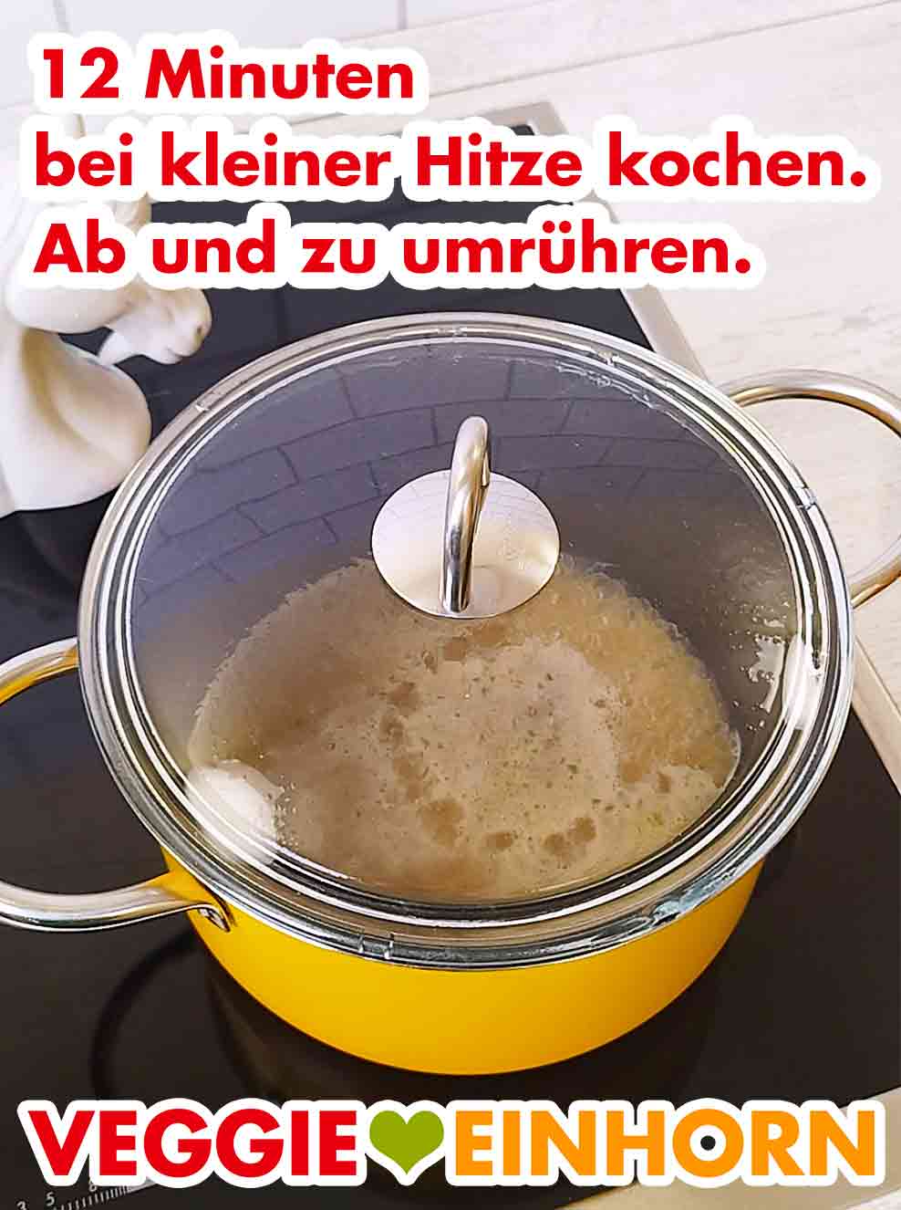 Ab und zu umrühren. Der Reis wird 12 Minuten mit Deckel bei kleiner Hitze gekocht.