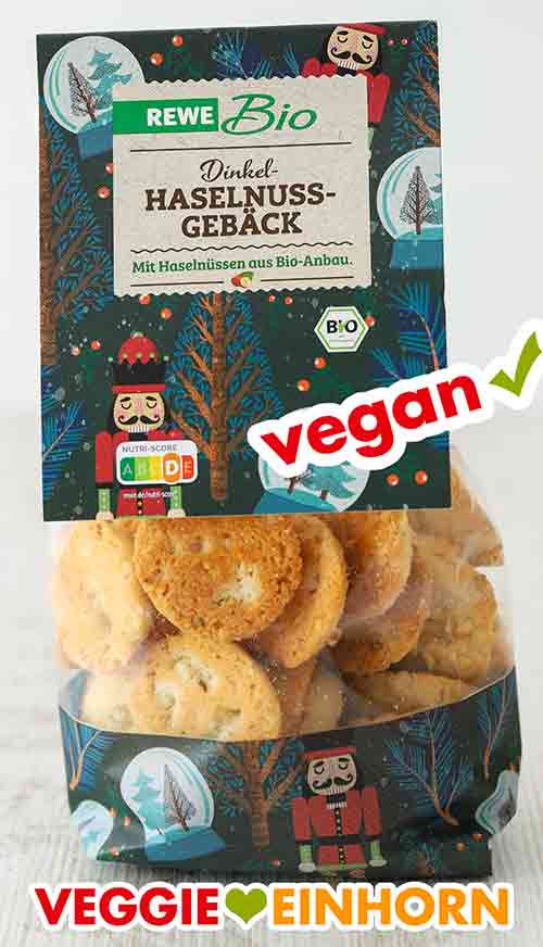 Das Dinkel Haselnussgebäck von Rewe Bio ist vegan. Veganes Dinkel Haselnuss-Gebäck von Rewe Bio