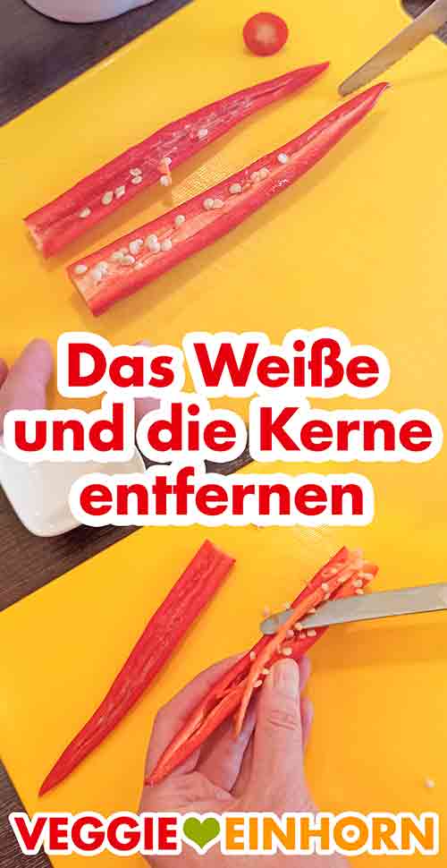 Die Chili Schote entkernen. Das Kerngehäuse der Chilischote entfernen.