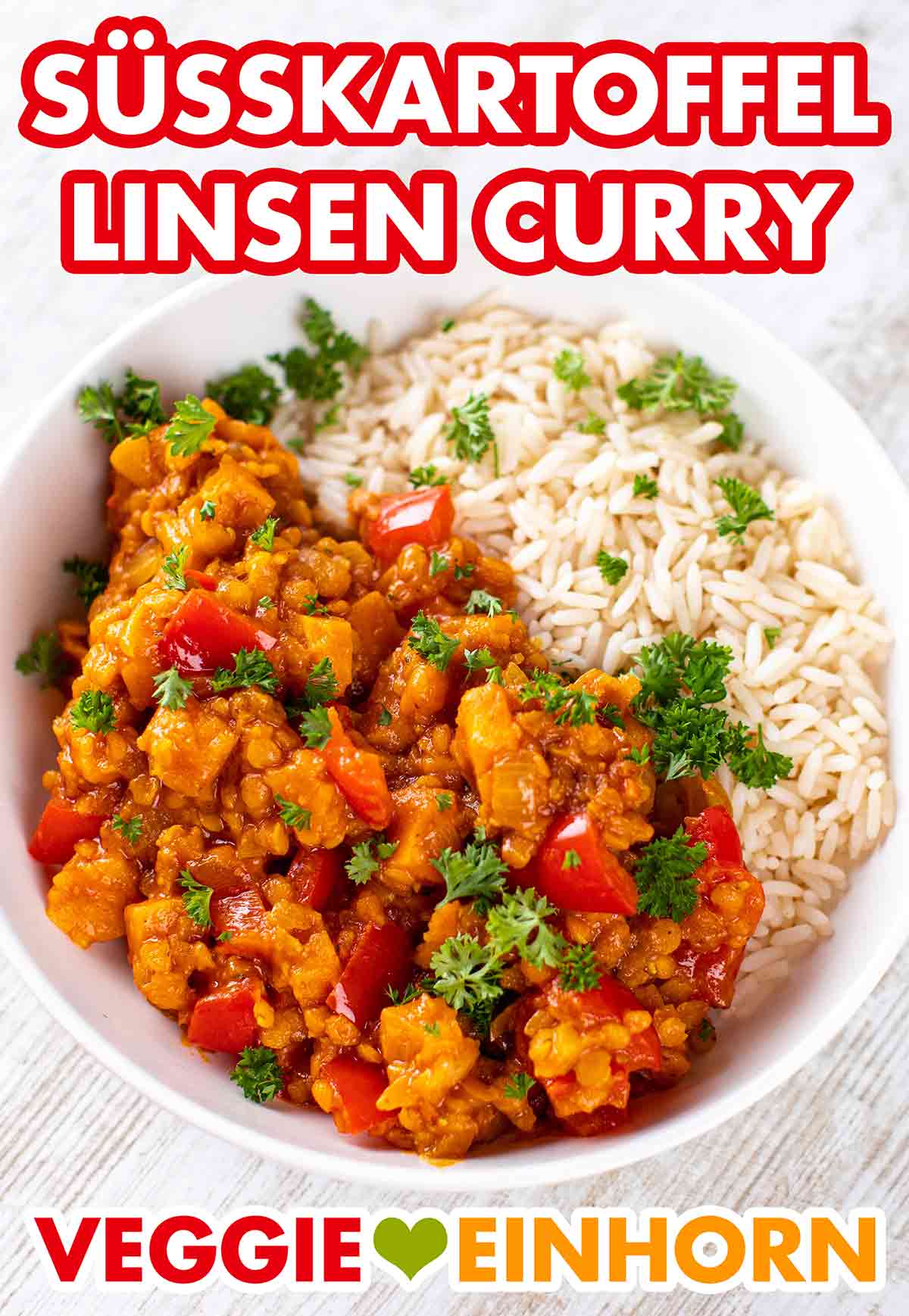 Das Süßkartoffel Linsencurry passt zu Reis, Couscous oder Brot. Süßkartoffel Linsen Curry mit Reis